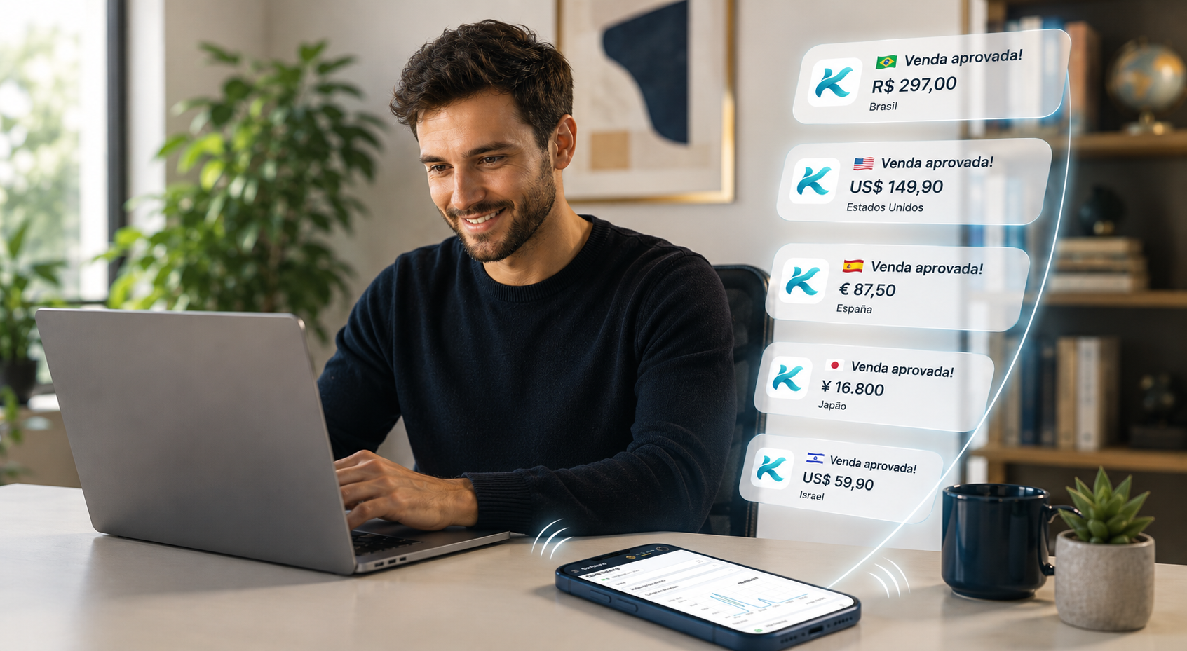 Empreendedor trabalhando enquanto recebe notificações de vendas KawaiPay